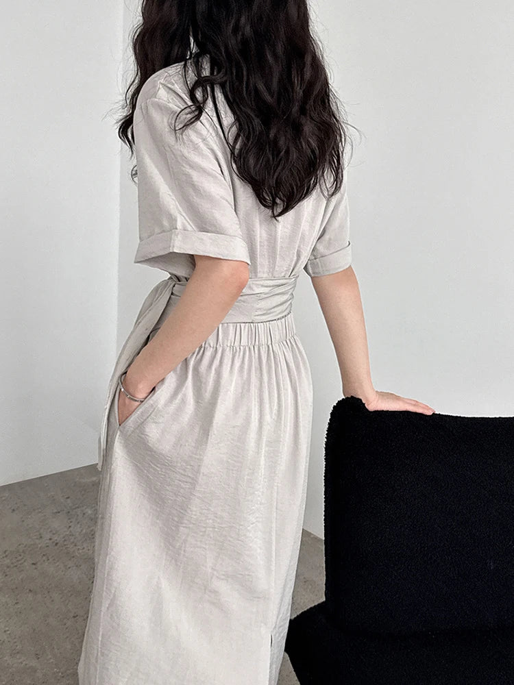 Women Navy Blue Cross Bandage Big Size Elegant Midi Dress New Round Neck Short Sleeve Fashion Spring Summer 2025 1DJ1359