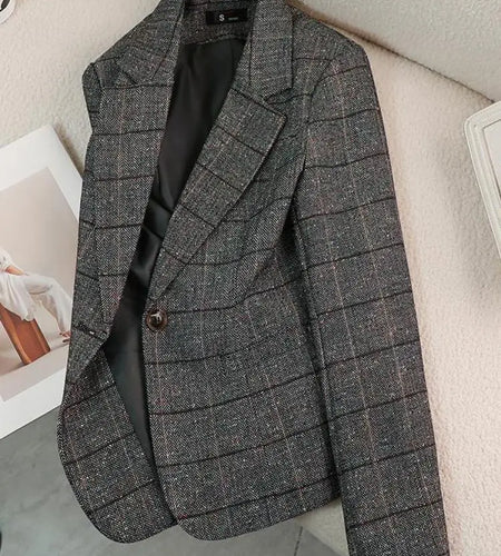 Vintage Women Gray Striped One Button Casual Blazer Autumn Winter Brown Elegant Slim Professional Workwear Cardigan Top Coat New