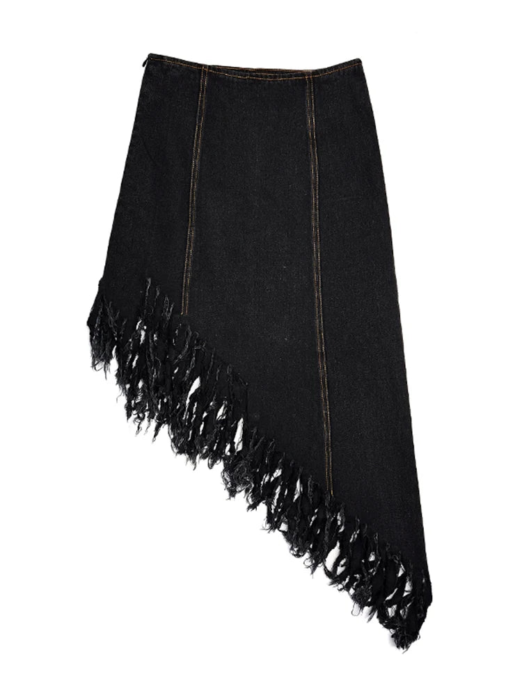 Patchwork Asymmetrical Tassel Skirt For Women High Waist Irregular Hem Black Skirts Female Fashion Clothes