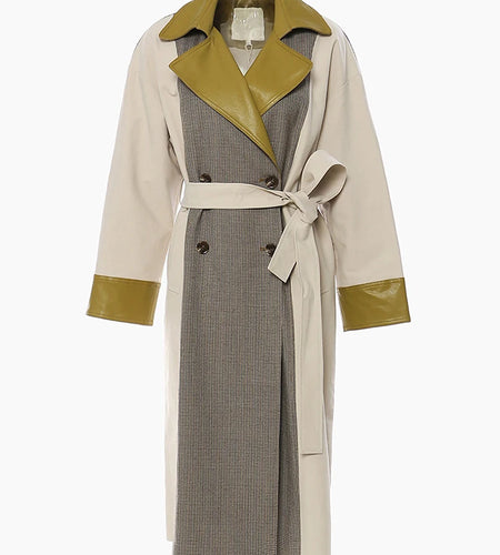 Women Champagne Leather Plaid Big Size Trench New Lapel Long Sleeve Windbreaker Fashion Tide Spring Autumn 2025 1DF0725