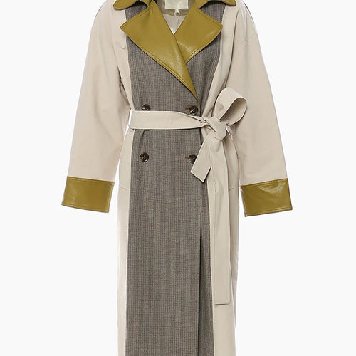 Load image into Gallery viewer, Women Champagne Leather Plaid Big Size Trench New Lapel Long Sleeve Windbreaker Fashion Tide Spring Autumn 2025 1DF0725
