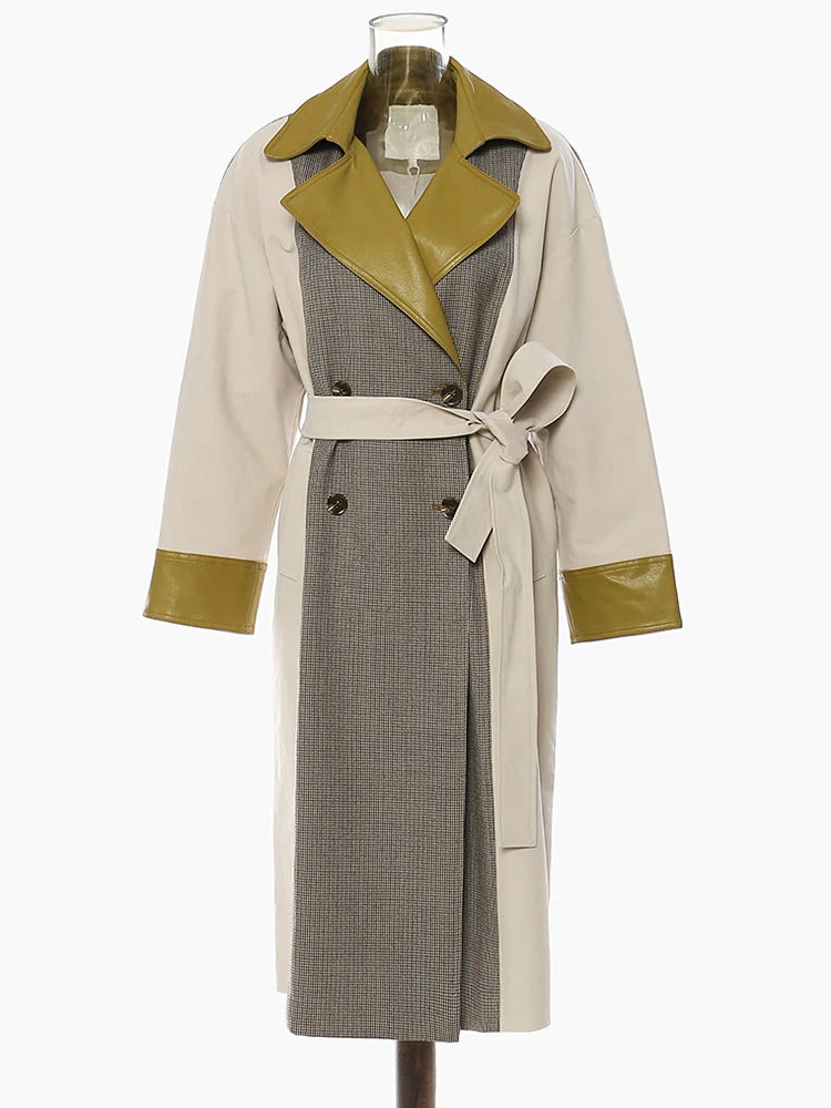 Women Champagne Leather Plaid Big Size Trench New Lapel Long Sleeve Windbreaker Fashion Tide Spring Autumn 2025 1DF0725