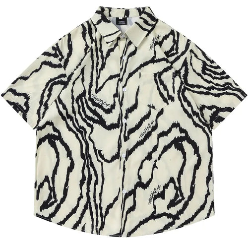 Load image into Gallery viewer, Vintage Hawaiian Shirts Irregular Stripes Graphic Printed Button Up Blouse Hip Hop Casual Baggy Short Sleeve Summer Beach Tops
