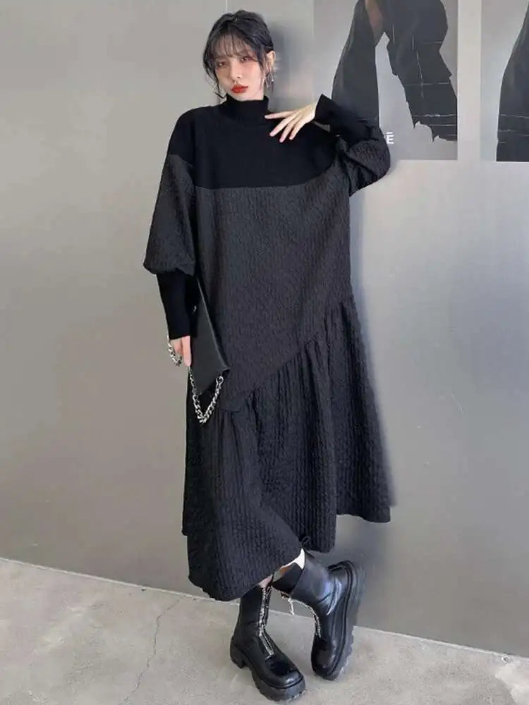 Women Black Knitting Big Size Long Dress New Turtleneck Long Sleeve Loose Fit Fashion Tide Spring Autumn 2025 1DH0797
