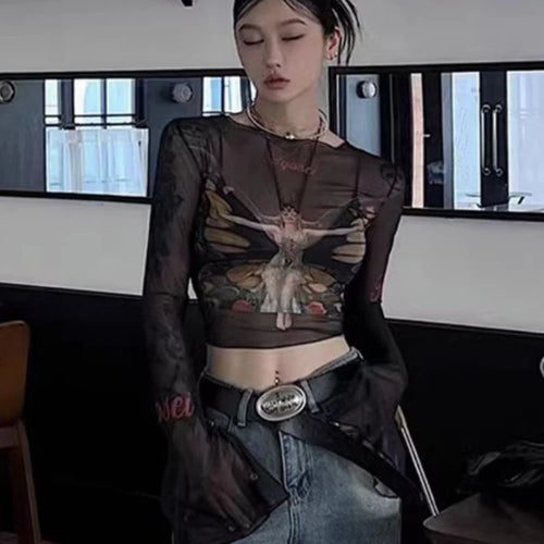 Load image into Gallery viewer, Personality Butterfly Print Long Sleeve T-Shirt See Through Fashion Y2k Aesthetic Slim Crop Top Vintage Sexy Gauze Harajuku Tees
