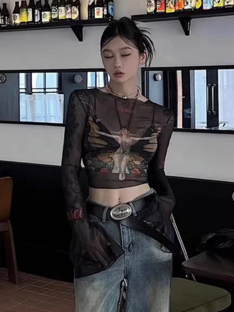 Personality Butterfly Print Long Sleeve T-Shirt See Through Fashion Y2k Aesthetic Slim Crop Top Vintage Sexy Gauze Harajuku Tees