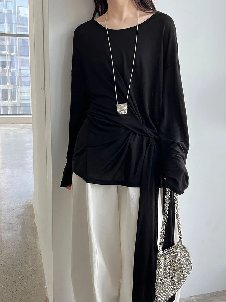 Women White Thin Bandge Perspective Big Size T-shirt New Round Neck Long Sleeve Fashion Tide Spring Autumn 2025 1DJ1303