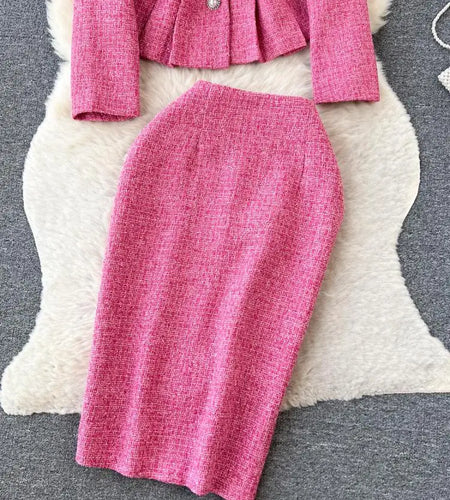 Sweet Small Fragrant Style Two Piece 2023 Pink Temperament V Neck Elegant Coat And High Waist Zipper Half Skirt Set Fashion