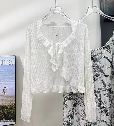 Summer Women Thin Sunscreen Cardigan Lace-up Knitwear Tops Female Korean Style Ruffled Edge Long Sleeve Short Coat Casual