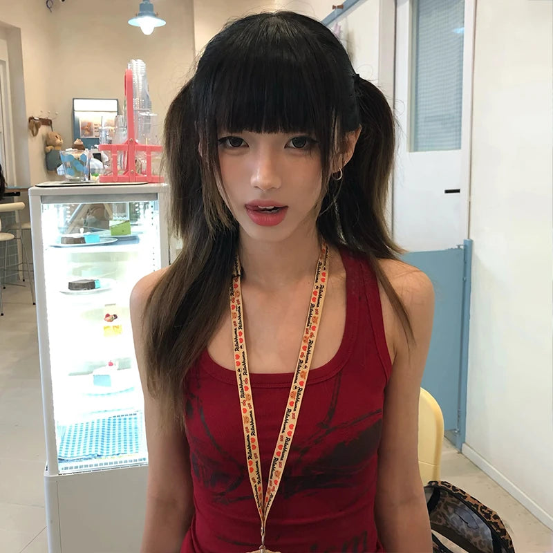 Japanese Y2k Letter Print Tank Top Trashy 2000s Style Red Tanktop Vintage Harajuku Sleeveless Crop Top American Retro