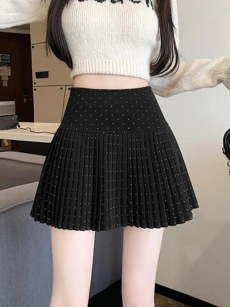 Black Blue Diamond High Waist Slim Pleated Woolen Mini Skirts Women Autumn Winter Brown Festival Half Short Skirt College Style