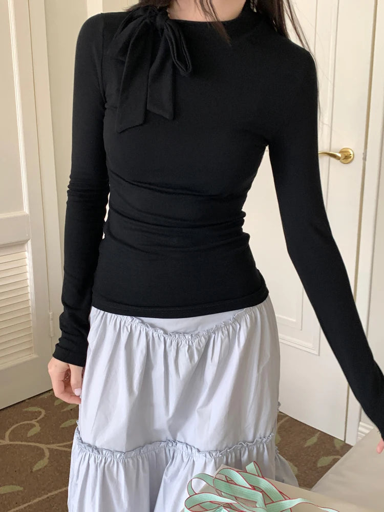 Women Vintage Y2k Aesthetic T-shirts Streetwear Bow Bottoming Grunge Fairy Tshirts 2025 Spring Half Harajuku Solid Simple Tees