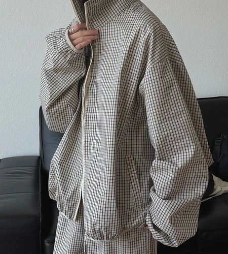 Beige Plaid Pocket Big Size Casual Jacket New Stand Collar Long Sleeve Women Coat Fashion Tide Spring Autumn 2025 1DJ0868