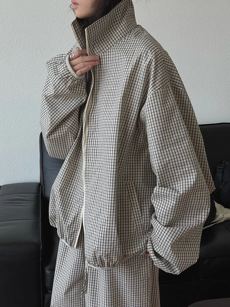 Beige Plaid Pocket Big Size Casual Jacket New Stand Collar Long Sleeve Women Coat Fashion Tide Spring Autumn 2025 1DJ0868