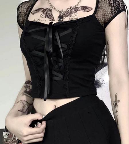 Vintage Tops Goth T-shirt Women Bodycon Bandage Lace Black T-shirts Gothic Streetwear Sexy Female Top Casual Mesh Tee