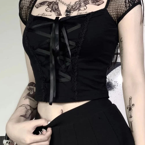 Load image into Gallery viewer, Vintage Tops Goth T-shirt Women Bodycon Bandage Lace Black T-shirts Gothic Streetwear Sexy Female Top Casual Mesh Tee
