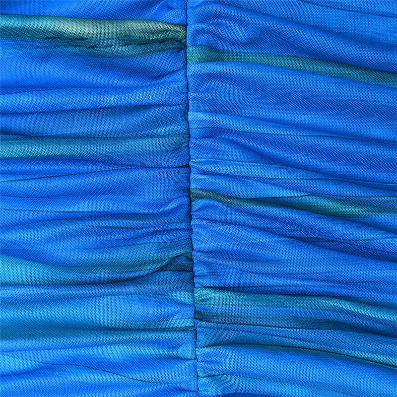 Striped Backless Ruched Midi Dress Women Two Layer Mesh Spaghetti Strap Sleeveless Bodycon Sexy Print Fishtail Dress