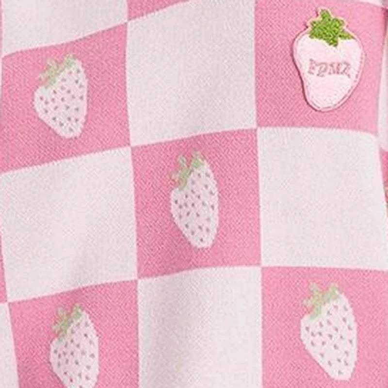 Sweet Pink Plaid V-Neck Sleeveless Knitted Sweater Vest Women Y2k Strawberry Waistcoat Spring Autumncute Vests Tops