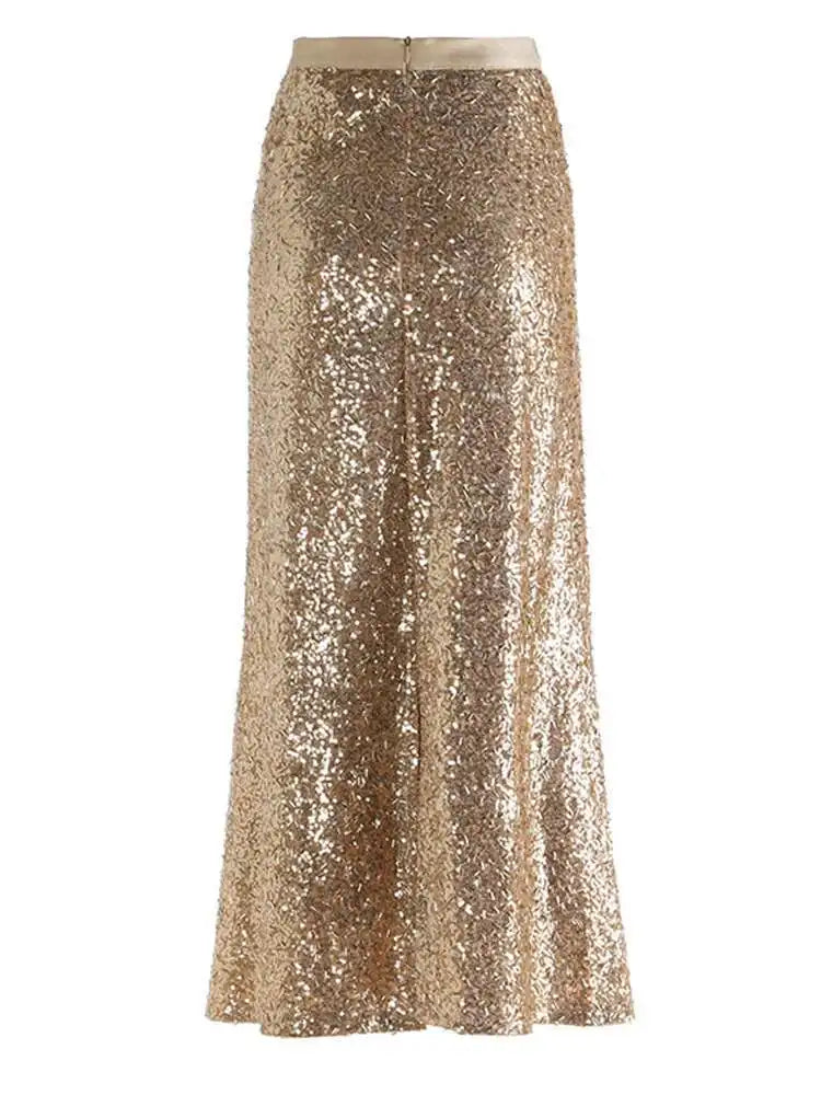 High Elastic Waist Gray Sequins Shining Elegant Long Half-body Skirt Women Fashion Tide New Spring Autumn 2025 1DH7488