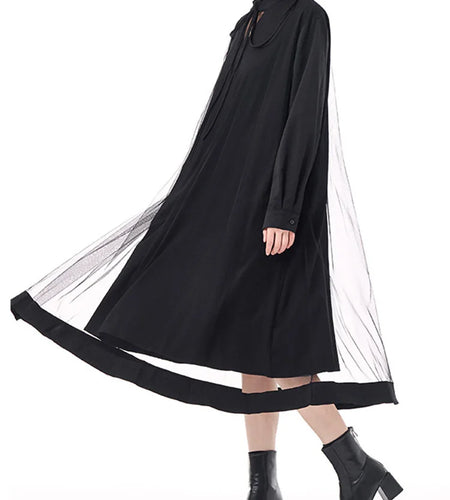 Women Black Hollow Out Mesh Spliced Big Size Dress New Stand Collar Long Sleeve Fashion Tide Spring Autumn 2025 1DJ0051