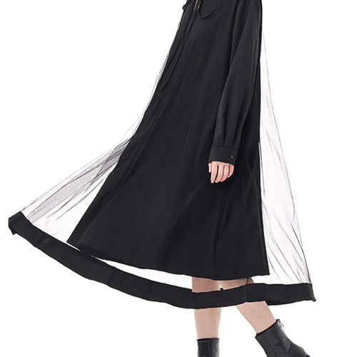 Load image into Gallery viewer, Women Black Hollow Out Mesh Spliced Big Size Dress New Stand Collar Long Sleeve Fashion Tide Spring Autumn 2025 1DJ0051
