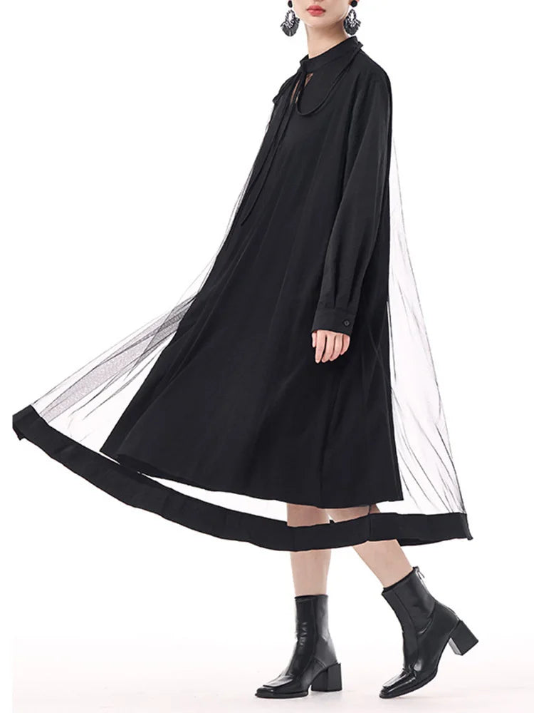 Women Black Hollow Out Mesh Spliced Big Size Dress New Stand Collar Long Sleeve Fashion Tide Spring Autumn 2025 1DJ0051