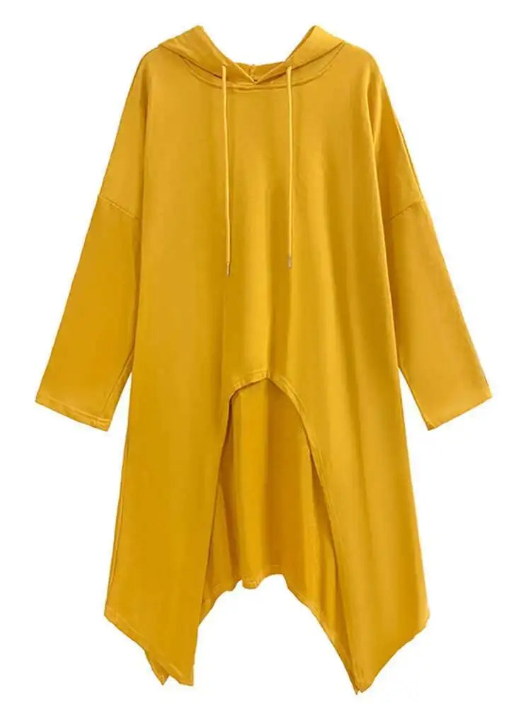 Yellow Irregular Midi Sweatshirt New Hooded Drawstring Long Sleeve Women Big Size Fashion Tide Spring Autumn 2025 1DH3876