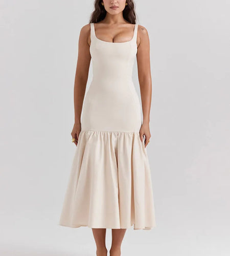 Backless Maxi Fishtail Dress For Women Gown Fashion Square Collar Sleeveless Loose Pleated Long Dress Elegant Dresses