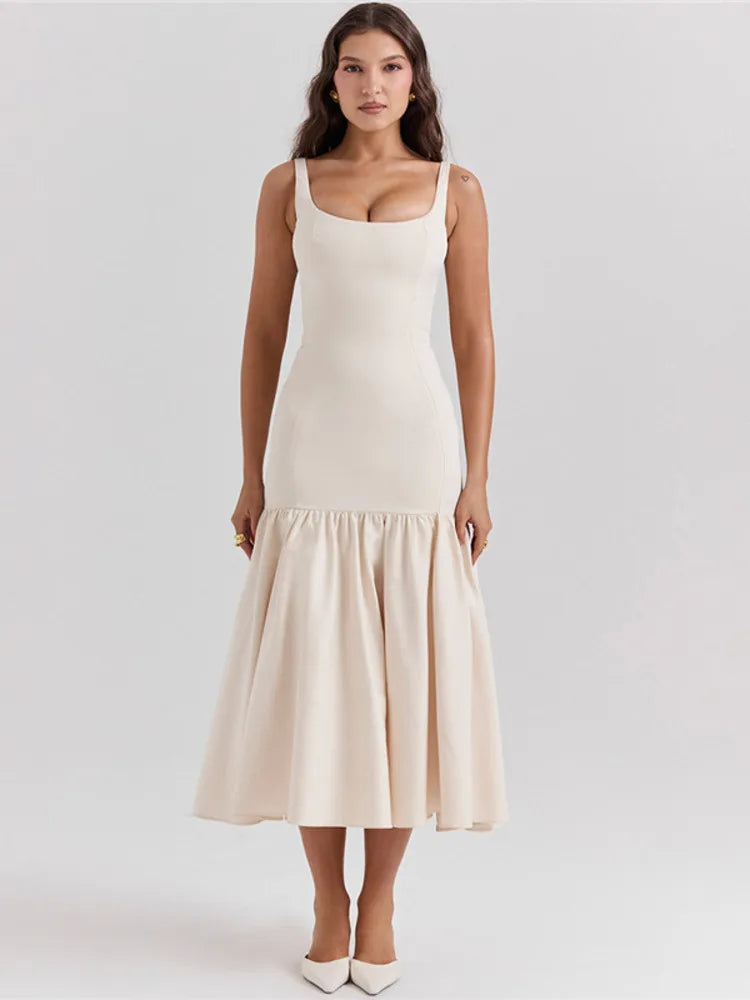 Backless Maxi Fishtail Dress For Women Gown Fashion Square Collar Sleeveless Loose Pleated Long Dress Elegant Dresses