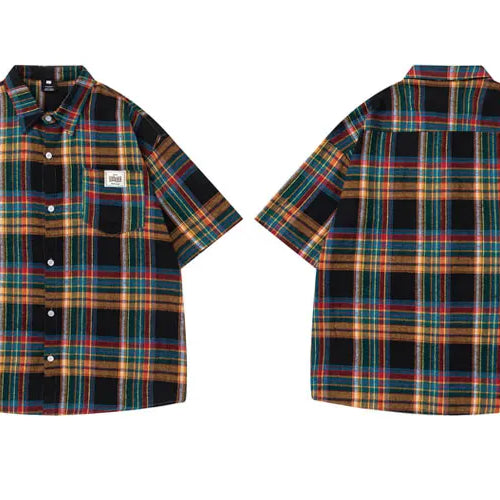 Load image into Gallery viewer, Vintage Summer Shirts Y2K Streetwear Rainbow Plaid Button Up Short Sleeve Blouse Hip Hop Harajuku Casual Baggy Cotton Shirt Tops
