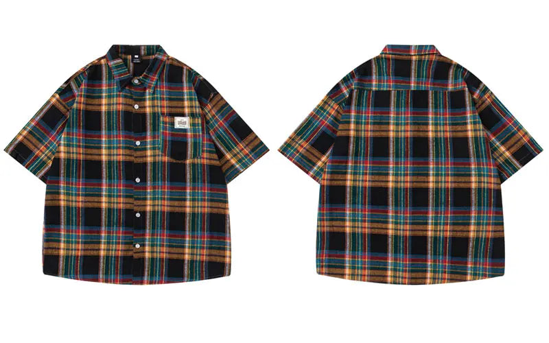 Vintage Summer Shirts Y2K Streetwear Rainbow Plaid Button Up Short Sleeve Blouse Hip Hop Harajuku Casual Baggy Cotton Shirt Tops