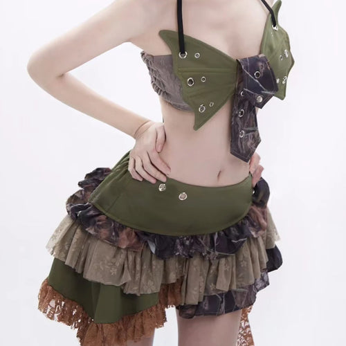 Load image into Gallery viewer, Hit Color Two Piece Set For Women Halter Sleeveless Top High Waist Temperament Mini Skirts Female Fashion Style New
