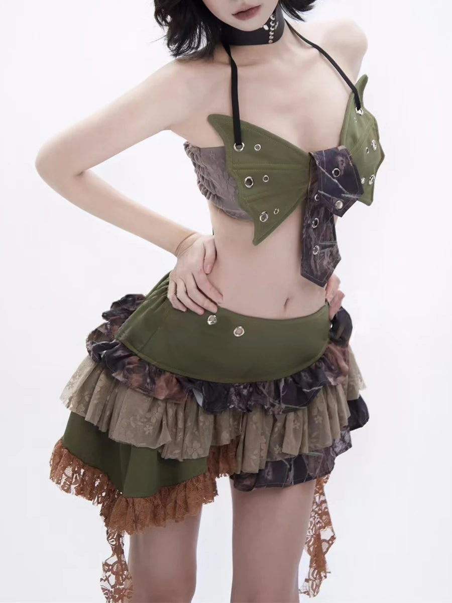 Hit Color Two Piece Set For Women Halter Sleeveless Top High Waist Temperament Mini Skirts Female Fashion Style New