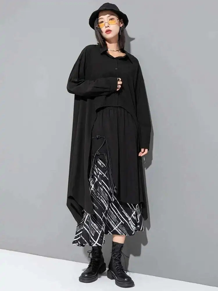 Women Black Irregular Back Long Big Size Blouse New Lapel Long Sleeve Loose Fit Shirt Fashion Spring Autumn 2025 1DF6517