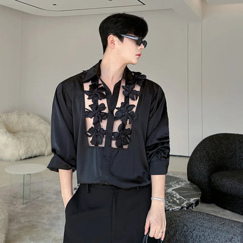 Load image into Gallery viewer, Men&#39;s Shirts Long Sleeve New Kroean Spliced Flower Hollow Out Fashion Top Turn-down Collar Single Breasted Menwear 9W1518
