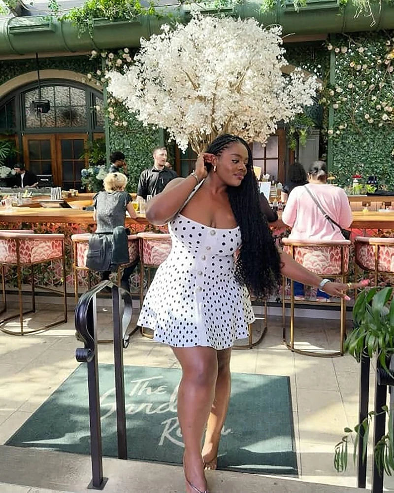 Halter Backless Polka Dot Dress For Women Fashion Square Collar Sleeveless High Waist A-line Knit Mini Dress Elegant