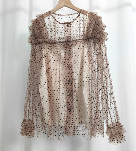 Women Brown Mesh Dot Ruffles Thin Blouse New Stand Collar Long Sleeve Shirt Fashion Tide Spring Summer 2025 1DJ1483