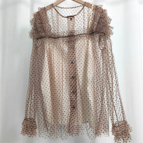 Load image into Gallery viewer, Women Brown Mesh Dot Ruffles Thin Blouse New Stand Collar Long Sleeve Shirt Fashion Tide Spring Summer 2025 1DJ1483
