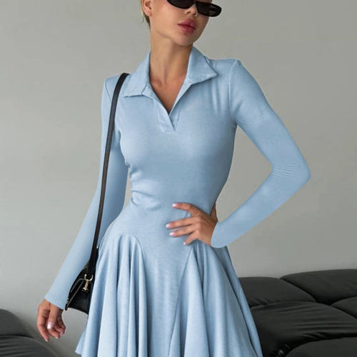 Load image into Gallery viewer, Polo Neck Solid Long Sleeve Pleated Sexy Bodycon Mini Dress Fall Women Fashion Y2K Outfits Birthday Party Festival
