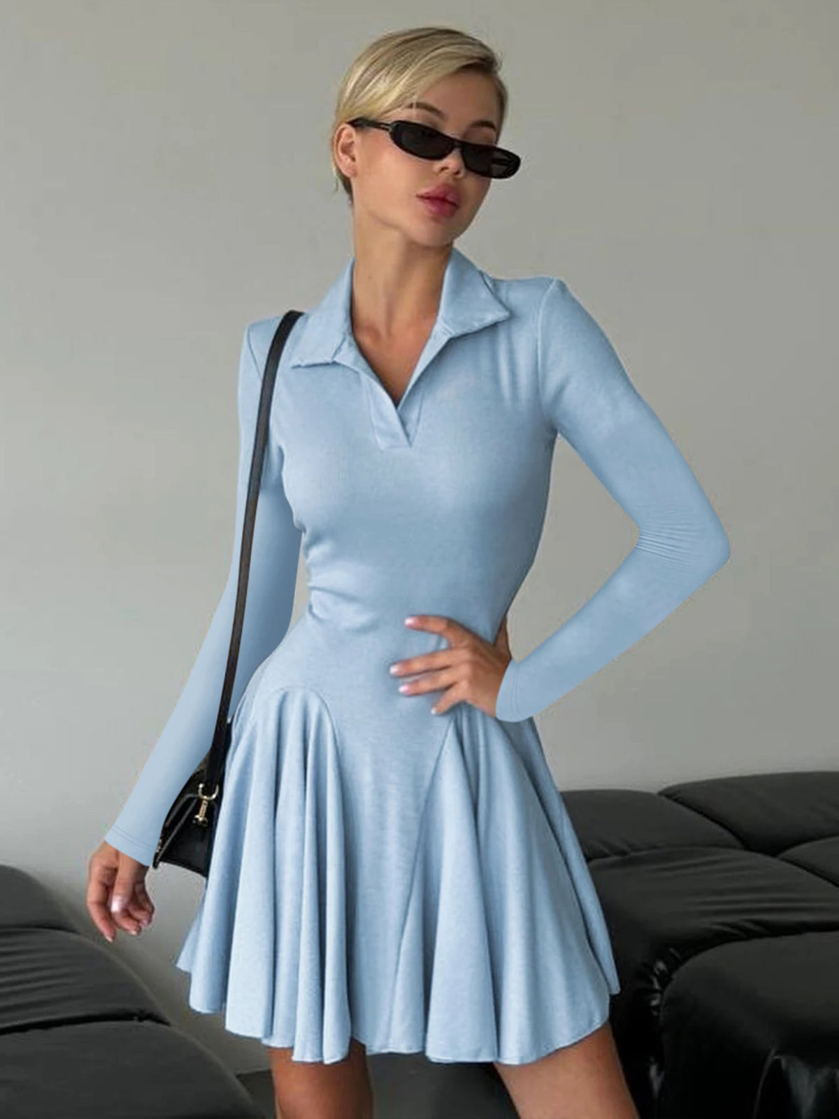 Polo Neck Solid Long Sleeve Pleated Sexy Bodycon Mini Dress Fall Women Fashion Y2K Outfits Birthday Party Festival