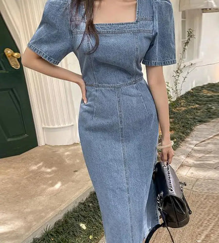 French Vintage Blue Denim Dress Summer New Temperament Goddess Long Dress High Waist Slim Elegant Square Collar Holiday Dresses