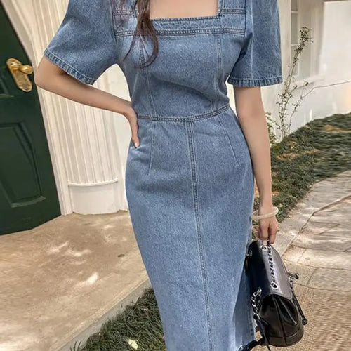 Load image into Gallery viewer, French Vintage Blue Denim Dress Summer New Temperament Goddess Long Dress High Waist Slim Elegant Square Collar Holiday Dresses
