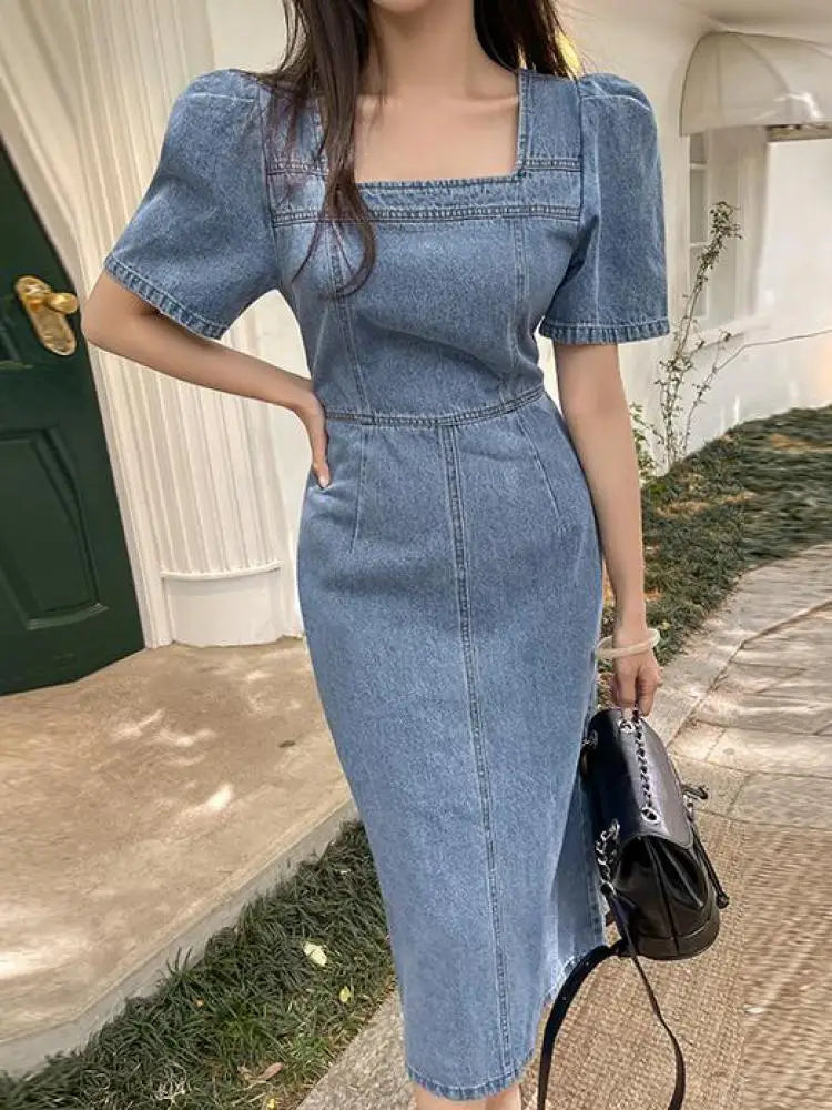 French Vintage Blue Denim Dress Summer New Temperament Goddess Long Dress High Waist Slim Elegant Square Collar Holiday Dresses