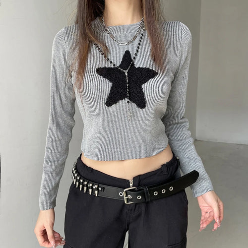 Load image into Gallery viewer, Korean Fashion Star Patched Autumn Sweater Knitted Casual Cute Crop Top Pullover Slim Preppy Style Knitwear Jumpers
