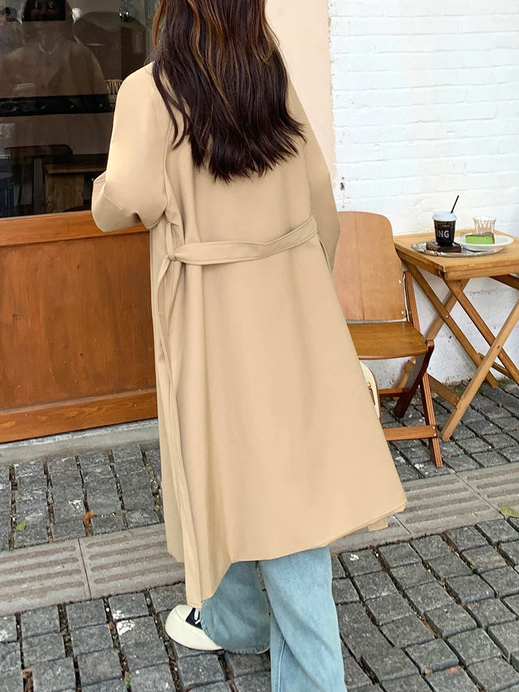 Women Khaki Double Layers Big Size Long Trench New Lapel Long Sleeve Windbreaker Fashion Tide Spring Autumn 2025 1DH9732