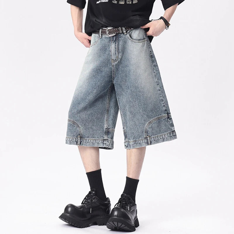 Men's Denim Shorts New American Personalized Straight Wide Leg Male Short Jeans Summer High Street Men Clothing 9W1670