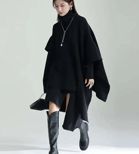 Women Gray Irregular Design Knitting Dress New Turtleneck Long Sleeve Loose Fit Fashion Tide Spring Autumn 2025 1DF2618