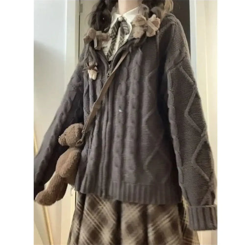 Load image into Gallery viewer, Autumn Winter Clothing Oversized Cardigan Coat for Women Sueter Mujer Hooded Fashion Pull Femme Knit Casual Zipper Sweater Tops
