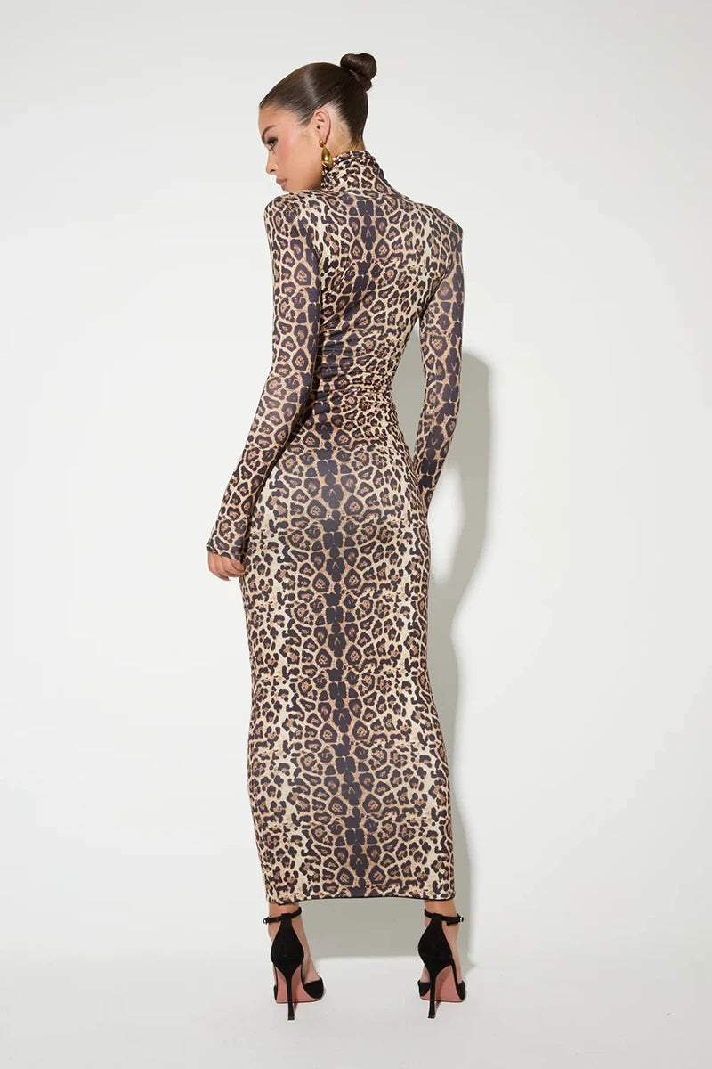 Leopard Print Long Sleeve Sexy Maxi Dress For Women Autumn Winter Fashion Elegant Turtleneck Printed Bodycon Long Dress
