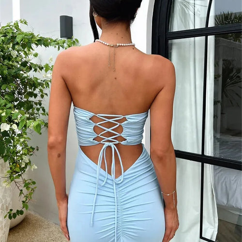 Load image into Gallery viewer, Strapless Backless Lace-up Maxi Dress For Women Summer New Off-shoulder Sleeveless Bodycon Club Party Long Dress
